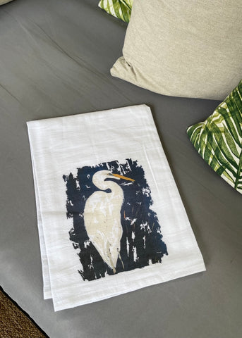 Navy Egret Tea Towel